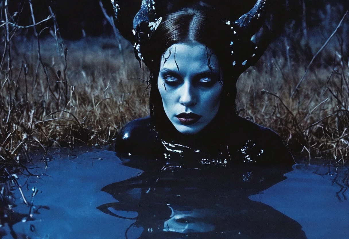 film photography, vintage, fashion photography of horror, close up photo of ugly horror witch with blue eyes in black water, blue night forest background