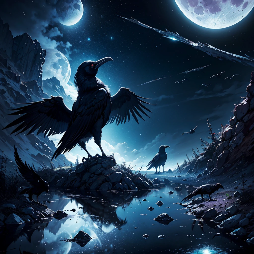 create a surreal image with the elements: Moon, ravens, mirror, wings, meteorite, craters, water