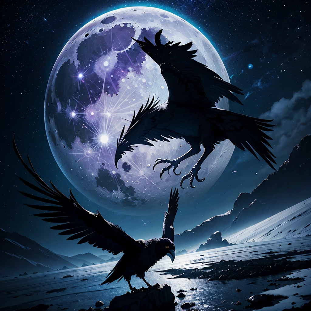 create a surreal image with the elements: Moon, ravens, mirror, wings, meteorite, craters, water