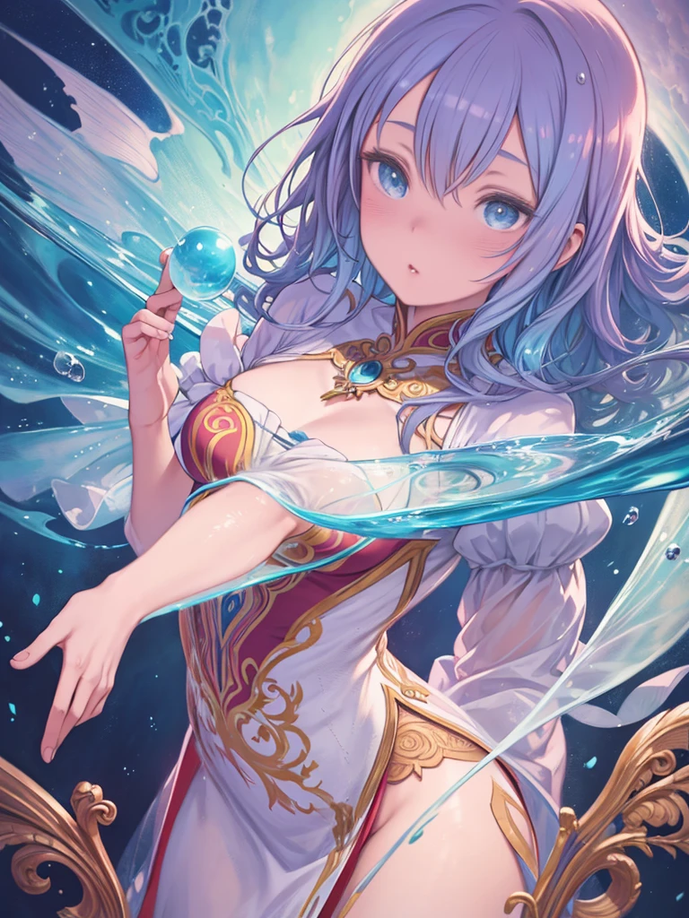 A painting of a woman in a dress blowing bubbles, Roysh and Wow, Mysterious Bubbles, Moebius + Roysh + Wow, Dreamy details, intricate Wow, A close-up fantasy using the magic of water, fairy tale artwork, Fairy tale painting, Anna Dittmann style, Wow art, Realistic fantasy painting, Artgerm Julie Bell Beeple