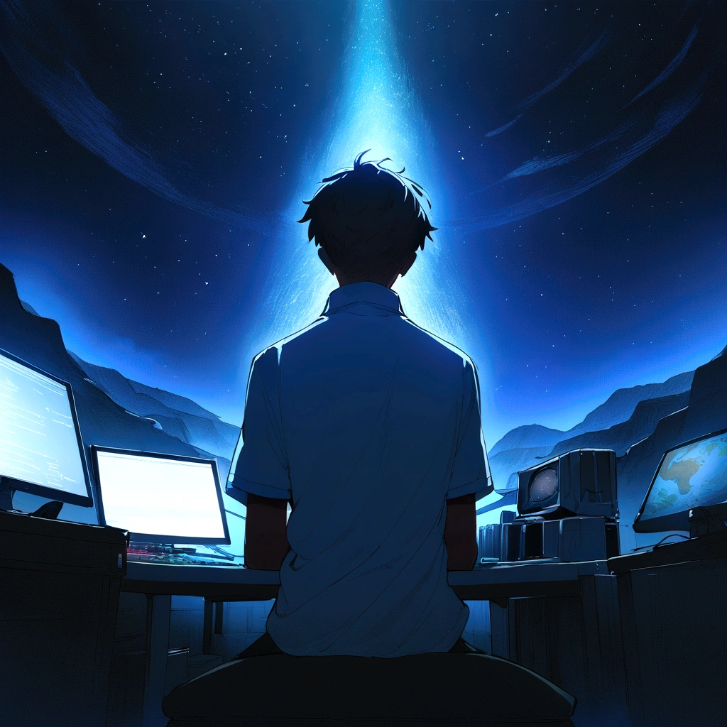 A young man is programming on a computer in a room full of gadgets, Pol Makoto Shinkai e Ghibli Studio, Dramatic lighting, Very detailed, Great quality, Dark Skin, Cone Fade、Space landscape with earth on top、