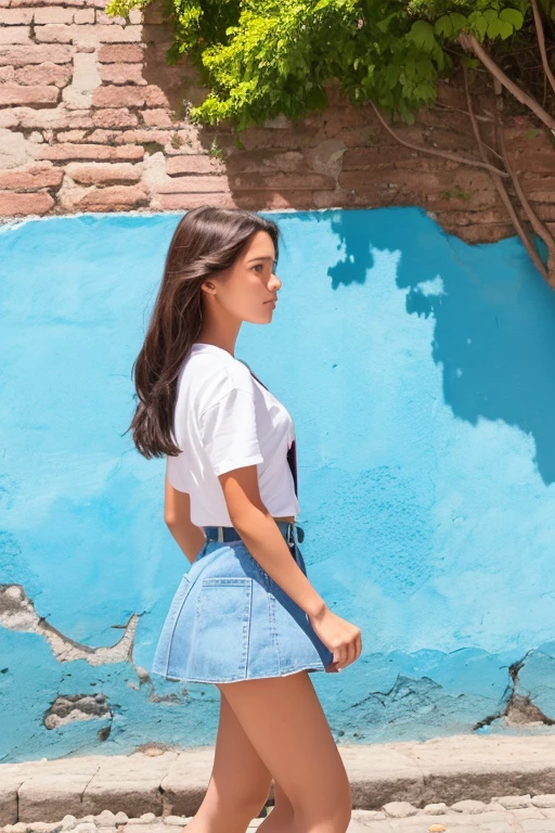 A -yeld giin a miniskirt walking from right to left in front of an old wall in a South American town, side view, outdoors, sunny day, colorful buildings, cobblestone street, realistic, photorealistic, high detail, 8k