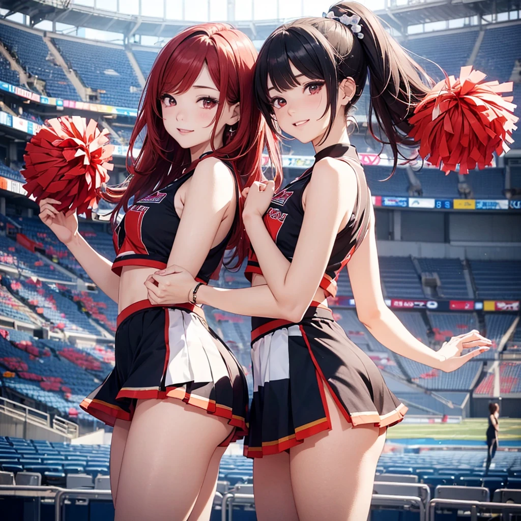 two beautiful young women, anime style, detailed faces, red hair, red eyes, delicate features, soft lighting, wearing cheerleader outfits, standing together, energetic and cheerful expressions, stadium background, one holding pom-poms, the other in a dynamic pose, Japanese anime style, high quality, highly detailed, 8k resolution, cinematic lighting, best quality, vibrant colors, Instagrammable, aesthetic, trendy、エロ、セクシー