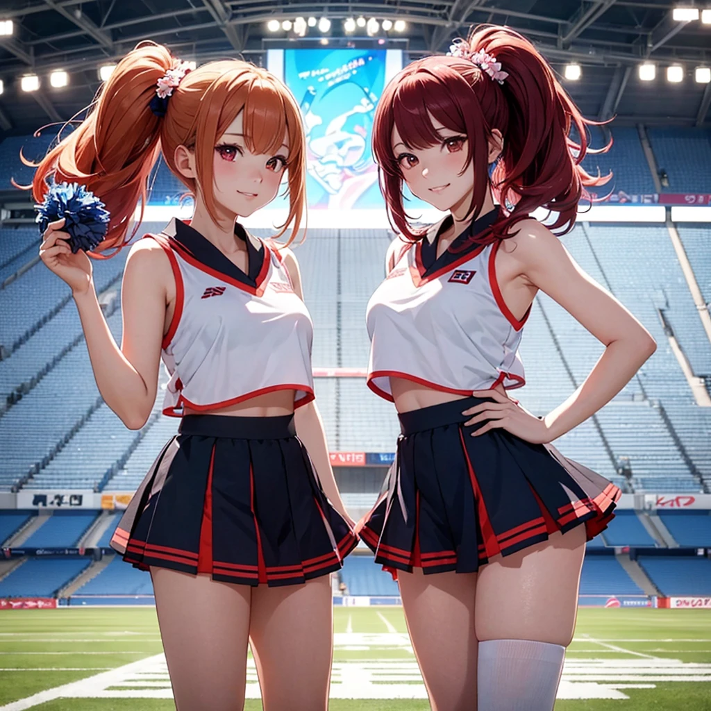 two beautiful young women, anime style, detailed faces, red hair, red eyes, delicate features, soft lighting, wearing cheerleader outfits, standing together, energetic and cheerful expressions, stadium background, one holding pom-poms, the other in a dynamic pose, Japanese anime style, high quality, highly detailed, 8k resolution, cinematic lighting, best quality, vibrant colors, Instagrammable, aesthetic, trendy、エロ、セクシー
