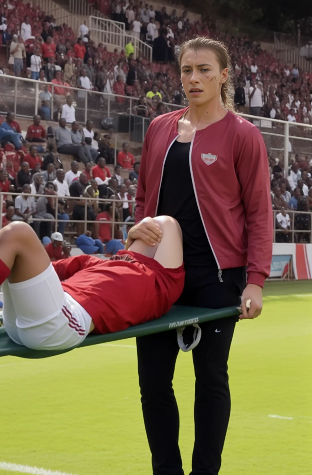 soccer, sports injury, theatralic erotic action, intense erotic scene, erotic pose, a love scene, interracial loving action, erotic, an injured soccer-boy in matte cotton sportswear is rearing up in pain on a stretcher, an injured soccer-boy in matte cotton sportswear is rearing up in pain on a stretcher that is carried by his african girlfriend, there is an attractive african girl in a deep black high-shine biker-jacket, a terrified but attractive african girl is evacuating her injured soccer-boyfriend from a soccer field, an injured soccer-boy in matte cotton sportswear is rearing up in pain on a stretcher while he is evacuated from the field of play by his very attractive african girlfriend, an injured soccer-boy is crying in pain, an attractive african girl in a wet deep black shiny plastic-jacket is giving first aid, dramatic action scene, first aid, injury, pain, agony, helping woman, woman carrying a man
