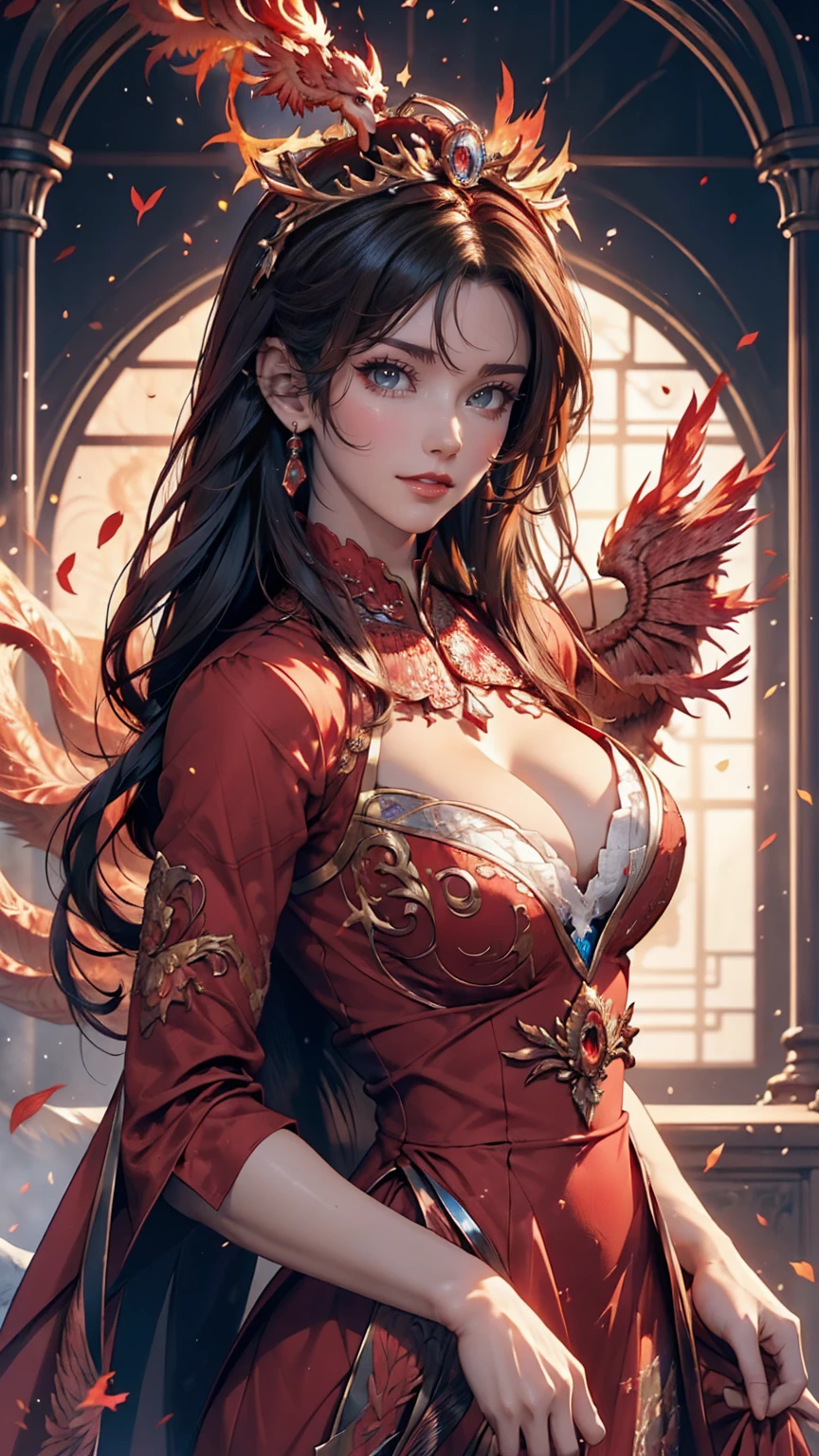 1 heroine, one beautiful princess, In the Dark: 1.6), Surreal Female Portraits by David Hockney and Alphonse Mucha, Fantasy art, Korean Doll, Photorealism, Dynamic Lighting, Art Station, Poster, Volumetric lighting, Highly detailed face, 8K Ultra, whole body, Awards, In the Dark, Deep Shadow, Modest, Cowboy Lens, (Red Phoenix Dress: 1.4), Long Hair, Black Hair, bust, Luxury Palace, Royal Style, Princess Crown, Big round black eyes, Style Royal, The most beautiful face, Large and normal breasts, Ultra-realistic,