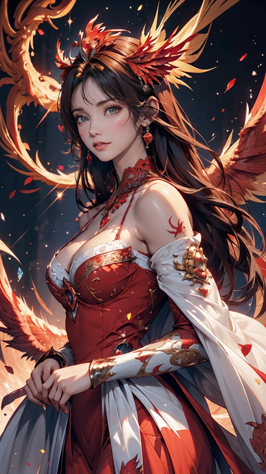 1 heroine, one beautiful princess, In the Dark: 1.6), Surreal Female Portraits by David Hockney and Alphonse Mucha, Fantasy art, Korean Doll, Photorealism, Dynamic Lighting, Art Station, Poster, Volumetric lighting, Highly detailed face, 8K Ultra, whole body, Awards, In the Dark, Deep Shadow, Modest, Cowboy Lens, (Red Phoenix Dress: 1.4), Long Hair, Black Hair, bust, Luxury Palace, Royal Style, Princess Crown, Big round black eyes, Style Royal, The most beautiful face, Large and normal breasts, Ultra-realistic,