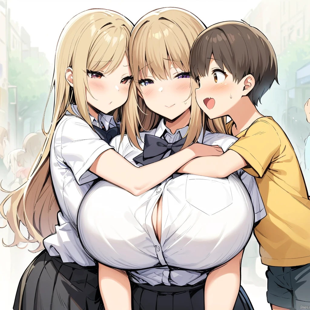 (masterpiece, best quality:1.2), JK,huge tit,age difference,blush,bow,breasts,girl sandwich,long hair,multiple girls,pleated skirt,sandwiched,,short sleeves,skirt,2girls,1boy,hug,male kid