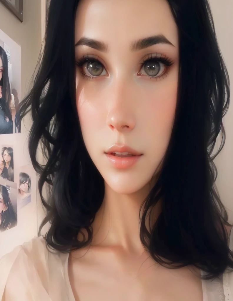 A close-up of a woman with long black hair and a gray blouse, black hair and big eyes, beautiful realistic face, Perfect face ), Perfect face and eyes, detailed beautiful face, extremely beautiful face, beautiful realistic face, beautiful and attractive face, detailed Perfect face, hyperbeautiful realistic face, photobeautiful realistic face, beautiful face portrait, beautiful delicate face, beautiful attractive face