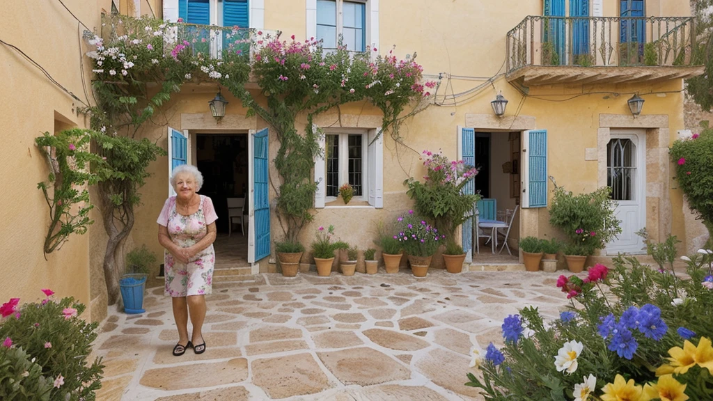 A picturesque small town on the Mediterranean coast of Spain. A quaint old house with a beautiful, colorful garden filled with vibrant flowers. An elderly woman named Maria, kind and warm, is tending to her garden with a smile.