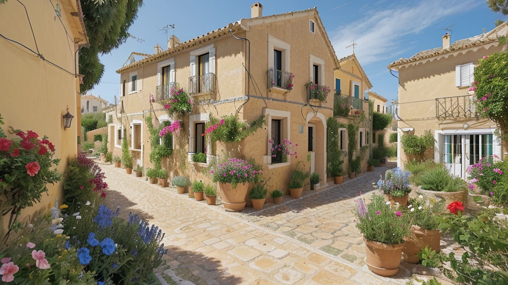 A picturesque small town on the Mediterranean coast of Spain. A quaint old house with a beautiful, colorful garden filled with vibrant flowers. An elderly woman named Maria, kind and warm, is tending to her garden with a smile.