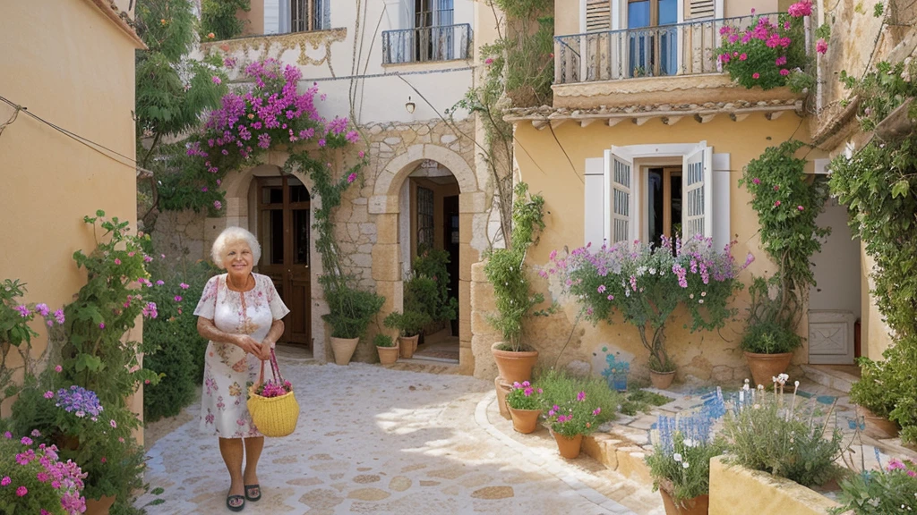 A picturesque small town on the Mediterranean coast of Spain. A quaint old house with a beautiful, colorful garden filled with vibrant flowers. An elderly woman named Maria, kind and warm, is tending to her garden with a smile.