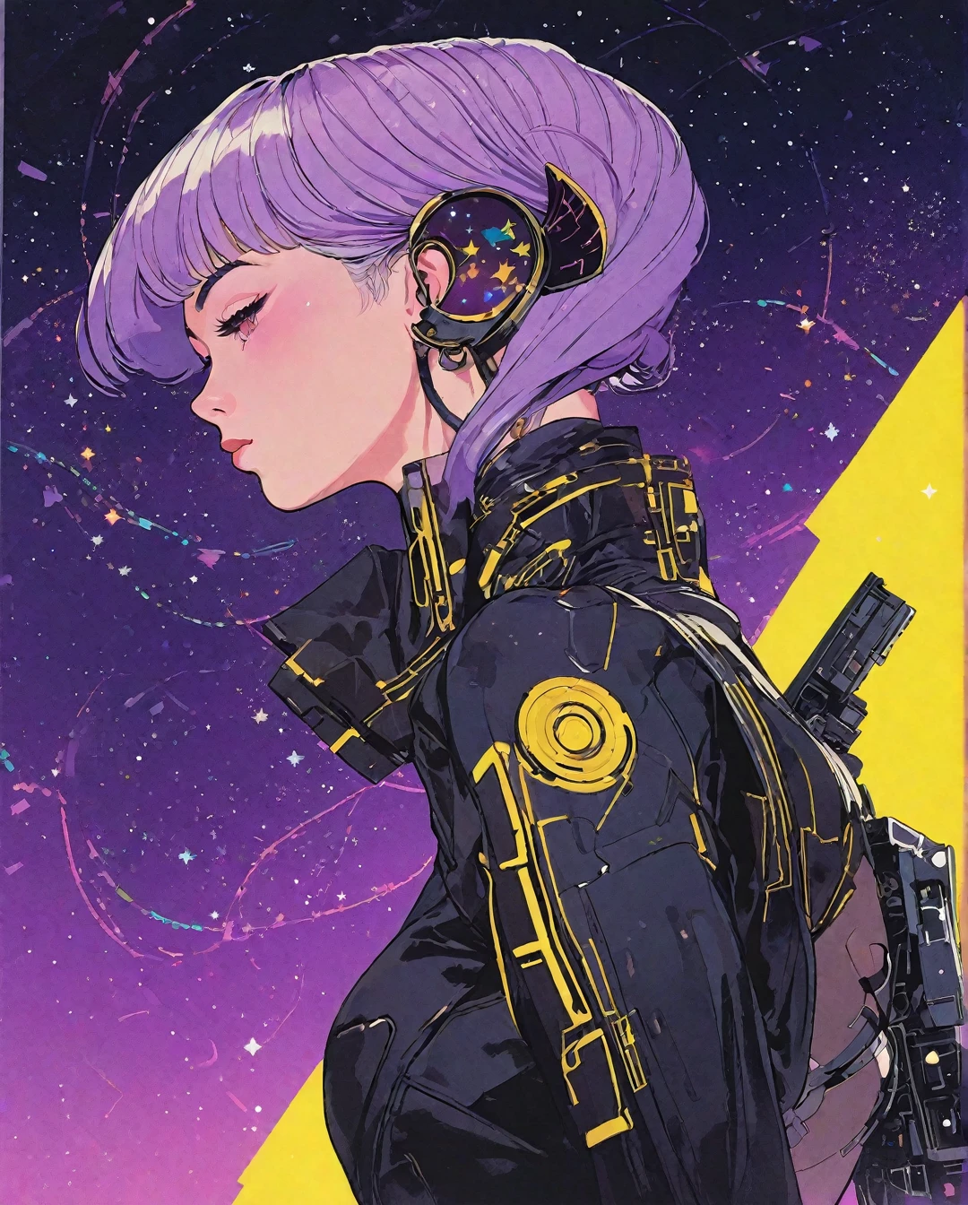 Flat-colored still of a photo of a《bladerunner》filmposter：1 Lady, Starry sky and zodiac signs, Purple hues like nebulae, Vast space, city at the bottom of cyber punk personage, ( Background with:black and yellow Background with1.4), (RHAD:1.2), (artistic décor:1.4), (Retro-Future:1.4), (maximalist:1.4), (Clean:1.4), (Flat_colours:1.4), (cyber punk personage,Android:1.4), CCDDA art style.,... anime girl from a 80s Anime portrayed by hajime sorayama, looking away from the viewer, solemn expression