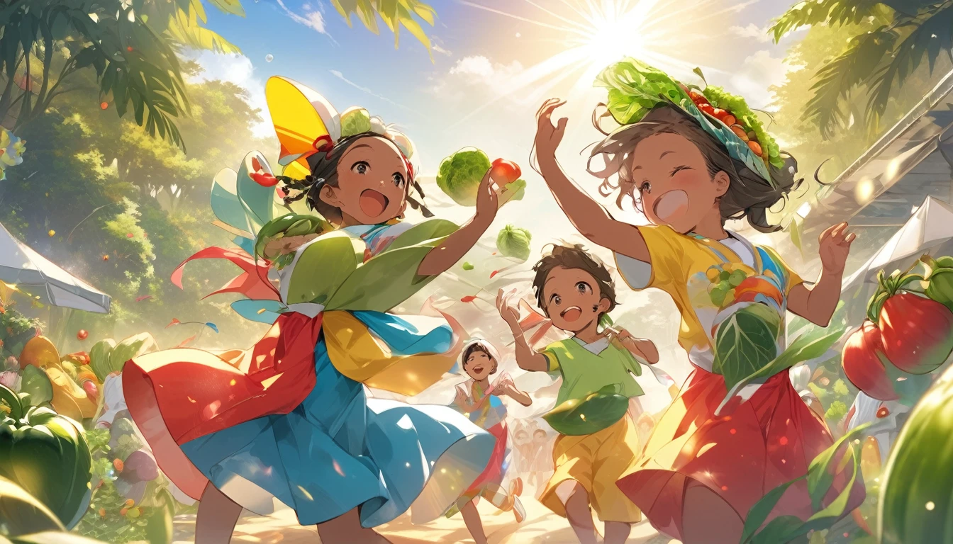 masterpiece, Highest quality, High resolution, under the sun、Three children dressed in reggae costumes singing and dancing。Around them are、There is a wide variety of vegetables and fruits。