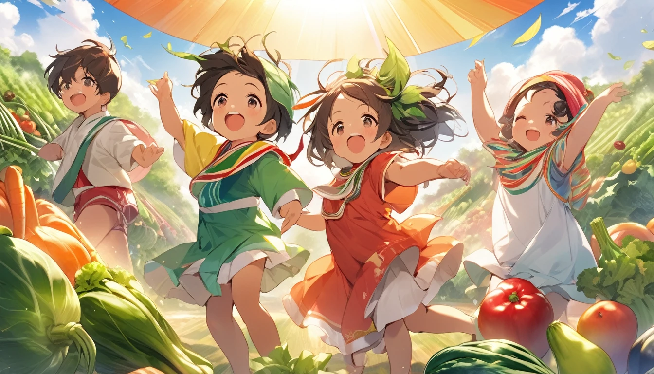 masterpiece, Highest quality, High resolution, under the sun、Three children dressed in reggae costumes singing and dancing。Around them are、There is a wide variety of vegetables and fruits。