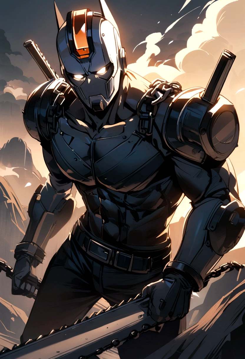 A cyborg with a mechanical arm smoking a cigar. He is muscular and very sarcastic.