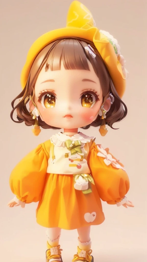 Close-up shot of a doll wearing a yellow hat and clothes, Rendering a cute 3D anime girl, Lovely characters, Lovely and detailed digital art, Cute girl anime visual, Lovely art style, Cute cartoon characters, Anime style 3d, Cute 3d rendering, Cute numbers, Cute numbers艺术, Stylized anime, Kawaii realistic portrait