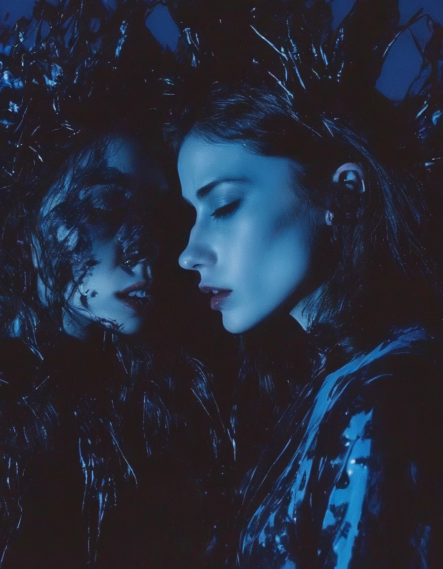 vhs style, vintage, fashion photography of horror, arthouse horror , blue night forest background