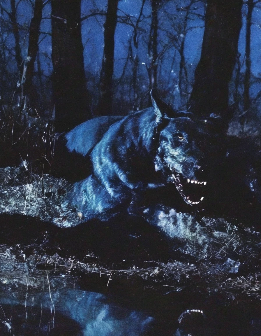 vhs style, vintage, fashion photography of horror,  arthouse horror , blue night forest background