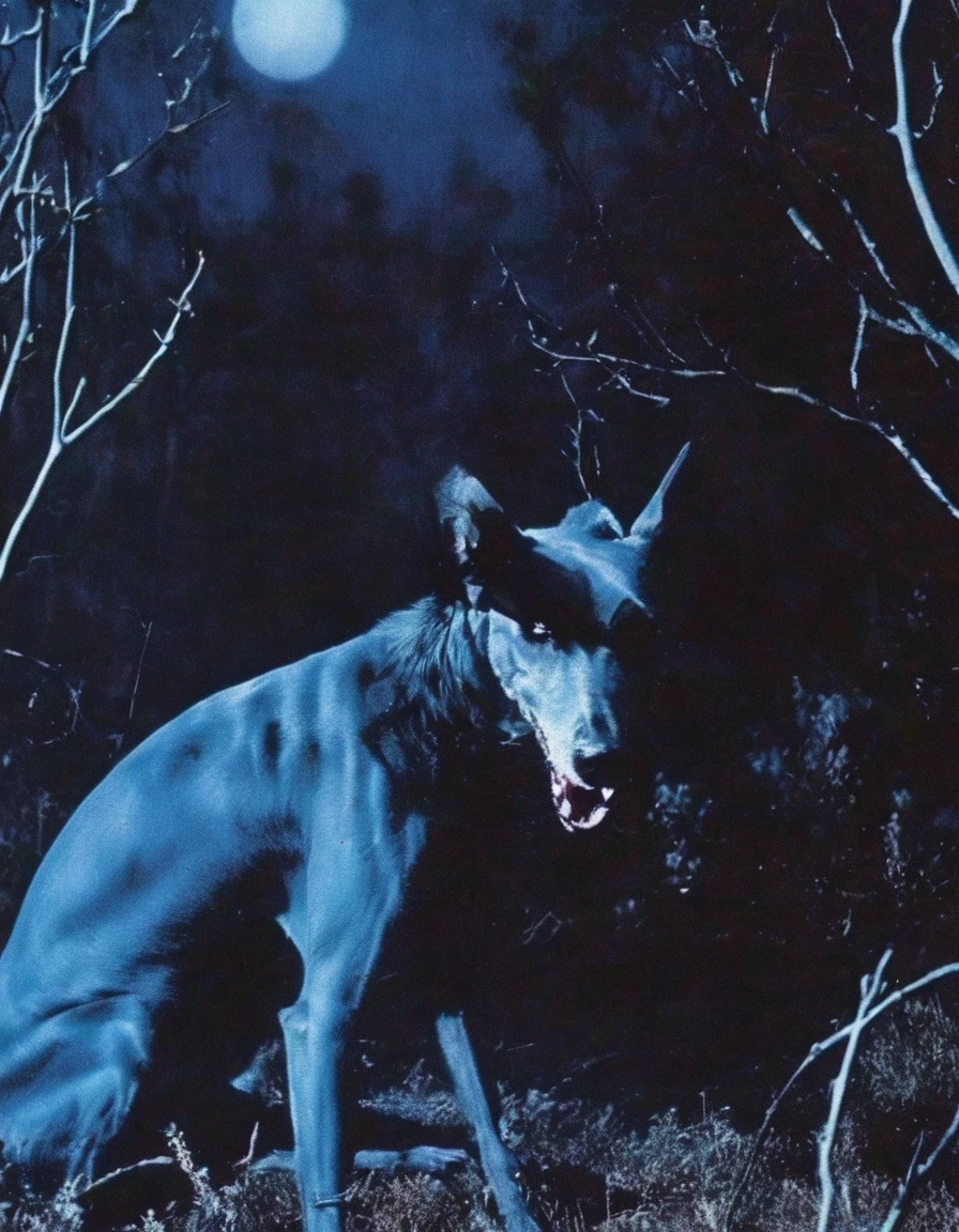 vhs style, vintage, fashion photography of horror, arthouse horror , blue night forest background