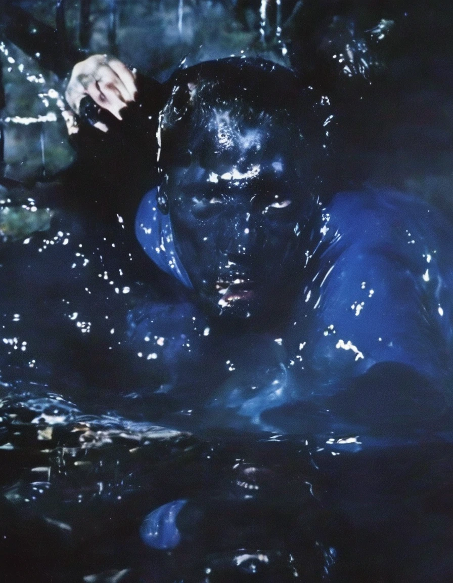 film photography, vintage, fashion photography of horror, close up photo of 90s beautiful fashion model in black water, blue night forest background