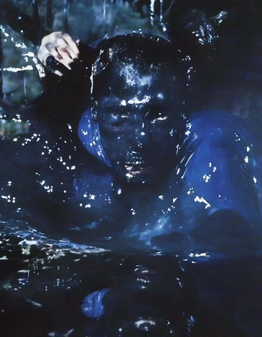 film photography, vintage, fashion photography of horror, close up photo of 90s beautiful fashion model in black water, blue night forest background
