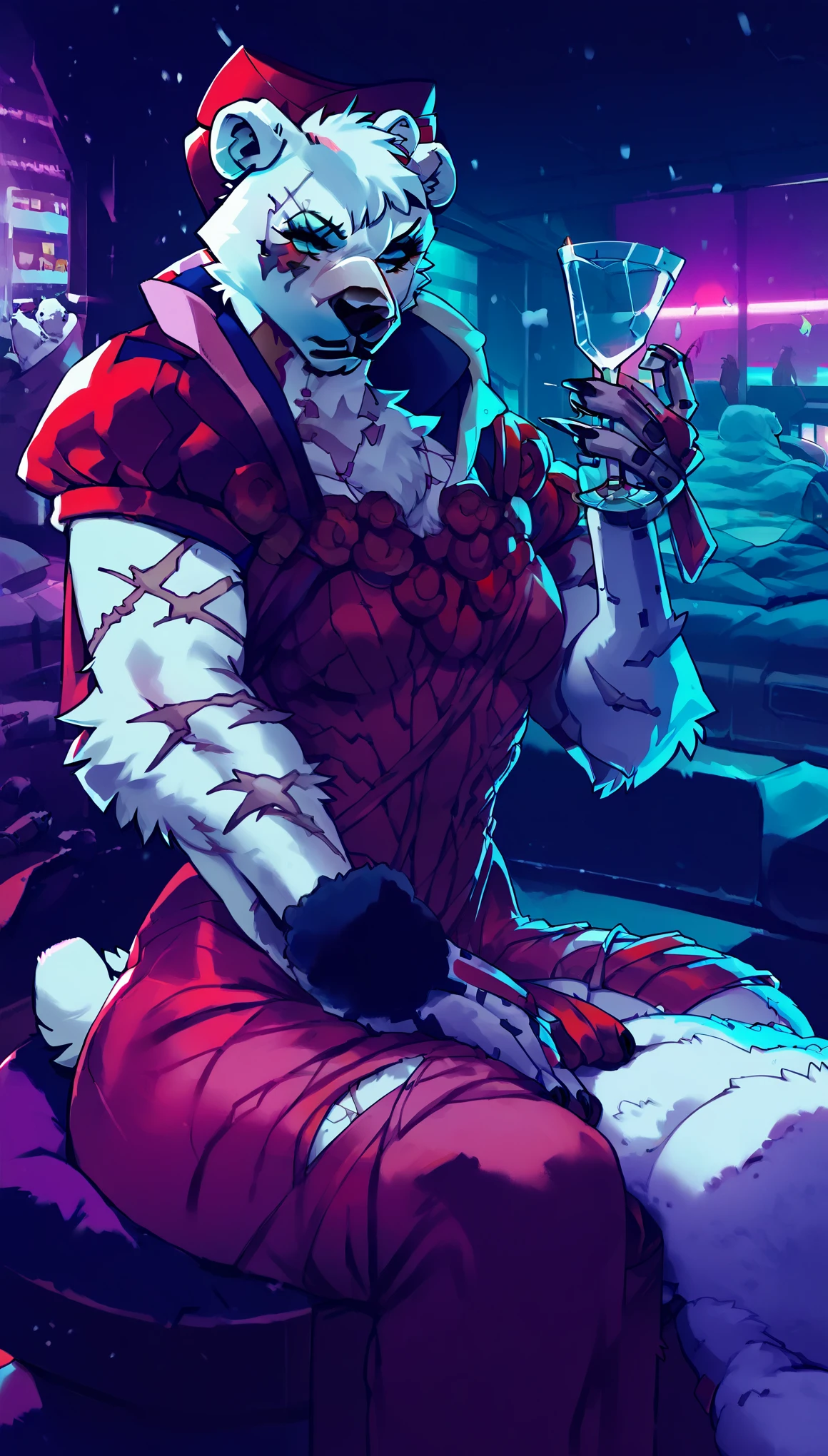 score_9, score_8_up, score_7_up, (cyberpunk city, night room, luxury casino, girls around:1.5),
((Polar bear:1.5), anthro, solo, female, sitting in an chair, (holding in hand, glass of vine), ((wearing cyberpunk-style dress, the mistress of the brothel, mafia boss)), ((snow white fur:1.5)), (deep scars:1.5), beautiful, (have cyberpunk additions:1.5)