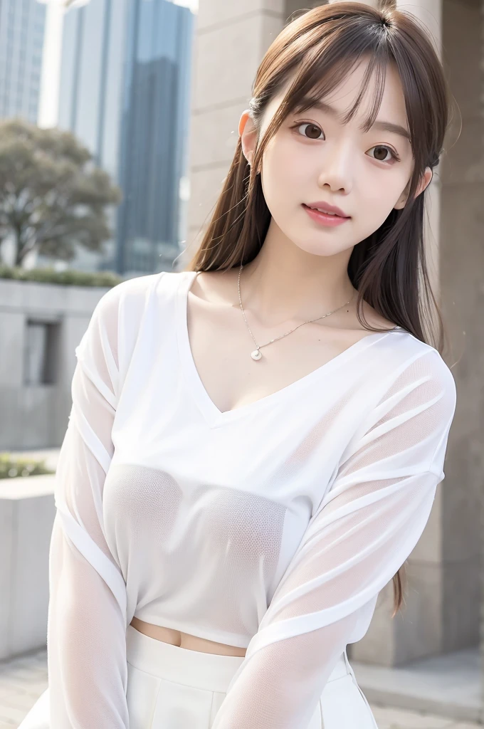 Close up portrait of woman in white shirt and gray skirt, Shirahime cut hairstyle, Smooth white tight clothing suit, White blouse, Wearing a white V-neck top, Wear a shirt, White fashionable clothes, White Hanfu, White, White blouseWear a shirt, Sailor suit with loose coat collar, Korean Girls, Quality white shirt, Young and pretty girl