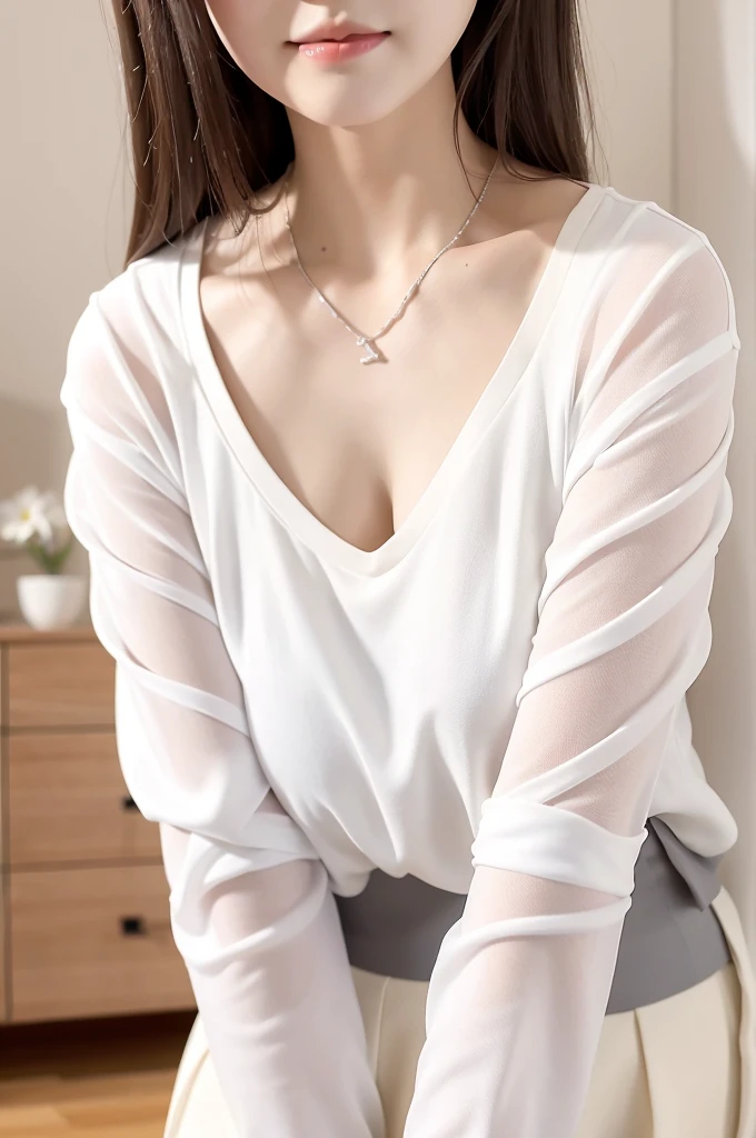 Close up portrait of woman in white shirt and gray skirt, Shirahime cut hairstyle, Smooth white tight clothing suit, White blouse, Wearing a white V-neck top, Wear a shirt, White fashionable clothes, White Hanfu, White, White blouseWear a shirt, Sailor suit with loose coat collar, Korean Girls, Quality white shirt, Young and pretty girl