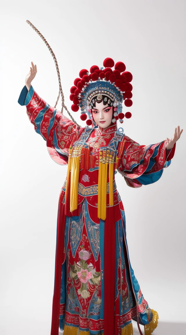 masterpiece, best quality, masterpiece, best quality, 1 Girl, Peking Opera,Qibi,(masterpiece,Top quantity,Best quality,Official Art,Beauty and aesthetics:1.2),(1 Girl:1.3),Very detailed,(Fractal Art:1.1),Most detailed,( tangled:1.2), Full Body Love, (White background:1.3), (Glowing skin), (multiple colour:1.4),