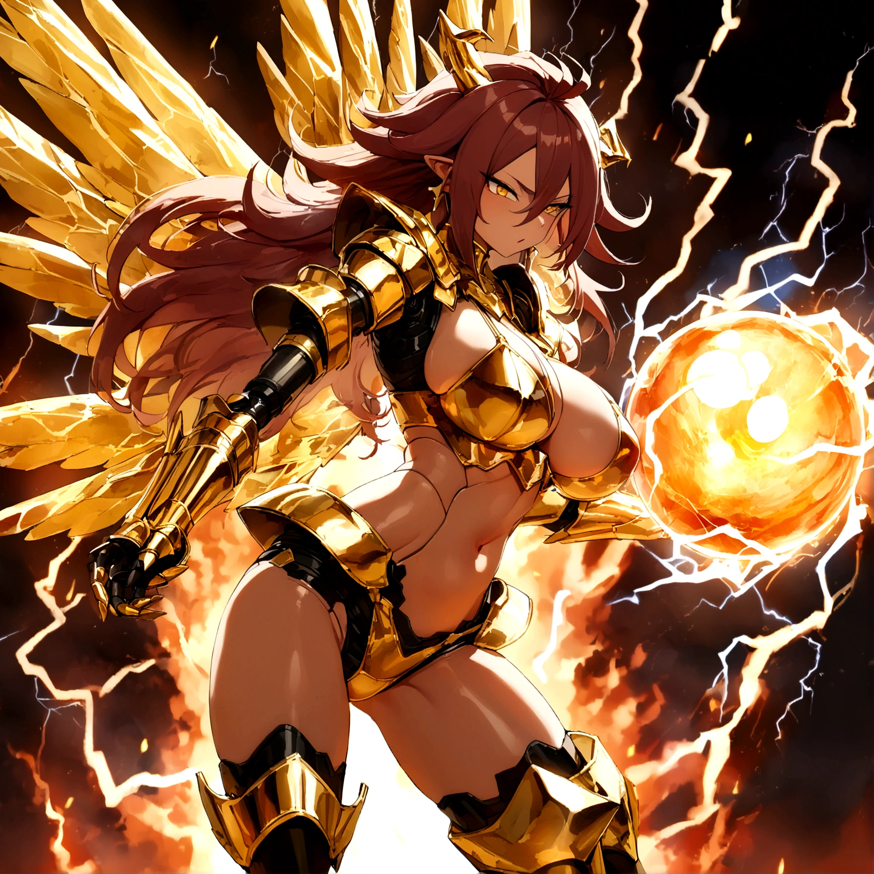 ((Lightning Power)), ((Electricity)), ((Fire Background)), ((Lightning Storm)), ((Power Erupting)), (((((android 21))))), (((Evil Power))), (((white Coat))), (((Busty))), (((((Big breast:1,3)))), luxury bustier corset, (((silver hair))), (((Very slim waist))), propotional body, ((Gorgeous)), (((Fire Blazing Horns))), ((((gold wings))), masterpiece, hyperdetail, ambient effect, digital effect, (((Fire Gold Bikini Armor))), (((Lightning Gold Wings))), ((((Gigantic Rasengan))))
