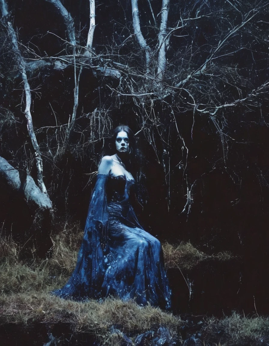 film photography, vintage, fashion photography of horror, horror witch zombie in black water, blue night forest background