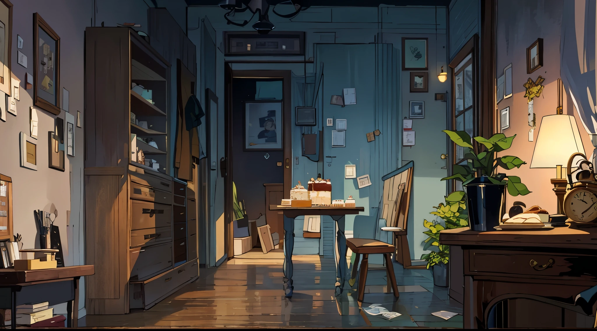 （best quality，masterpiece：1.2，detailed details，4k），A dim old apartment, a small birthday cake on an old wooden table, a modern apartment, an alarm clock on the wall, an anime scene,the wooden floor, 