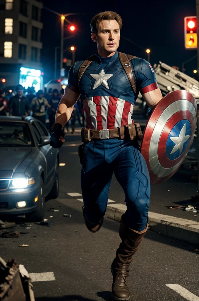 Captain America running and carried five injured kids in his arm, background a battlefield in a busy city highway, where everything is destroyed 