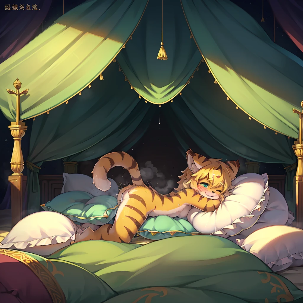 （masterpiece，best quality），my own, The Beast, , (适合任何Pillow背景的光影））, 穿着pajamas可爱女孩在Pillow上摆姿势 ，pajamas，Nature,, (blush),a smile，Pillow头,（很多Pillow），Soft cushion，，Soft pillow quotation，（Pillow损坏），很多Pillow，（Crotch rubbing），（（Pillow驼峰）），（Pillow），（A tail），，（充满细节的Pillow），（Love around the protagonist），Steam，（Pillow头），（），（豪华Pillow），（Pillow），（palace），（Palace bedroom），（Pillow），柔软的Pillow，，（Classical European style bedroom ），（excited，shy person，Lack of expressiveness，），，pillow humping,my,tiger tail,tiger ears,Tiger pattern，，Sweat，，Sweaty，(Body swing，身体Shaking lines，Shaking lines)，best quality, masterpiece, ((Maximum resolution)), artwork, ，,,(Interior of the palace),(In the bedroom at night),(Deluxe Rococo Canopy King Bed),On a big and spacious bed,(the 女孩 is lying on the bed),Before bedtime,,,Luxurious curtains with ornate ruffles and ribbons surround the bed,((((There are many pillows piled on the bed)))),Detail of Quilt,Detailed bed sheets,Ruffled Bed Skirt,Deep Bed,Background with depth,((详细的Pillow)), ((((大量的Pillow))))，peeing，squatting，water,Urine,Shaking lines，wetting pillows,Flowing liquid，Violent body shaking，剧烈Shaking lines，详细的软Pillow,,((女孩正躺在许多柔软的Pillow上,周围有许多Pillow))，Splashed liquid，Pillow和床上有水迹，caughtpeeing,Lots of liquids，Urine everywhere