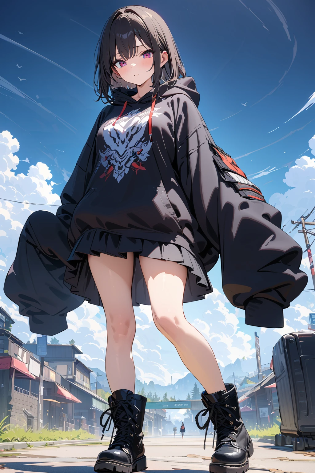 (masterpiece, best quality:1.5), (ultra detailed, high resolution, 8k, beautiful detailed, UHD, best anatomy), 1 cute girl, black hair, medium breasts, sleeves past fingers, Flabby Clothes, Oversized sweatshirt, Flared skirt, boots