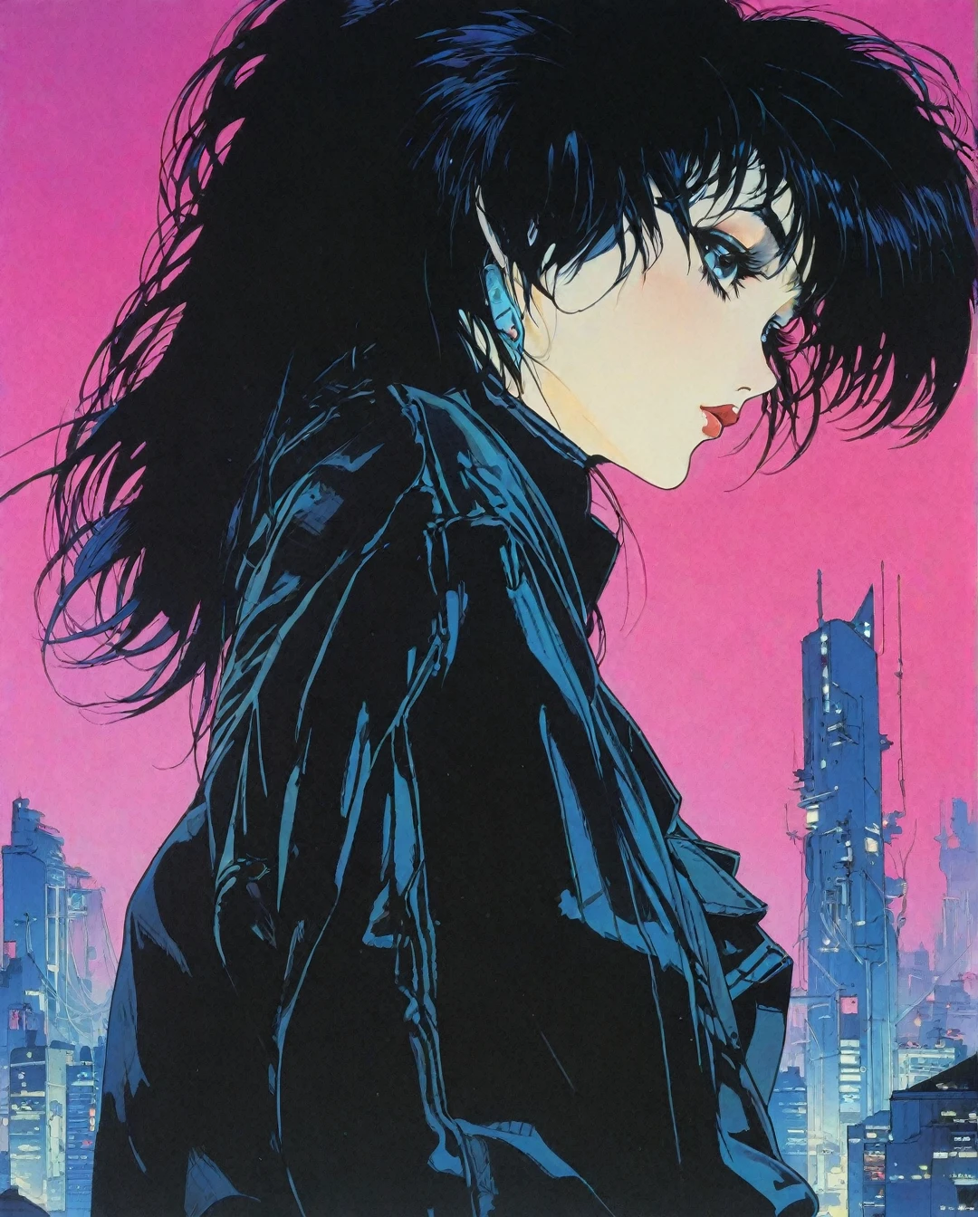 Flat-colored still of a photo of a80s, 1girl, goth, siouxsie, michelle pffifer, cyberpunk, futuristic city background, 80s movie poster art style,.,... anime girl from a 80s Anime portrayed by hajime sorayama, looking away from the viewer, solemn expression