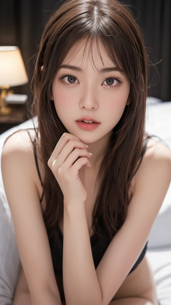 （(8K, RAW Photos, Highest quality, masterpiece: 1.2)）, Super detailed, Super Resolution, (Genuine, Genuine photos: 1.37), whole body, High-resolution RAW color photos, Professional photos, とても細かくて美Shii, Very detailed, 8K 壁紙, Amazing details, Large file size, Official Art, Very detailed CG Unity 8K 壁紙, Very detailed beautiful girls, Very detailed facesHighly detailed eyes, Very detailed skin, Very detailed fingers, Very detailed nose, Very detailed mouth, Perfect Anatomy, Very detailed background, Very detailed clothing, One Girl, (18:1.2), Teen, cute girl, Famous Japanese Idols, cute, Genuineistic body, White skin, Glowing Skin, Long brown hair，Curly Hair, (Blunt bangs: 1.2) , The face of climax, Completely naked, Climax during masturbation, Spread your legs and touch with your hands, like々Shii, かわいらShii顔, Genuineistic face, Sharp focus :1.2, 完璧な体型の美Shii女性 :1.4, Slim Abs :1.2, ((Dark brown hair, Big Breasts :1.2)), (Bedroom with night view, bed:1.1)