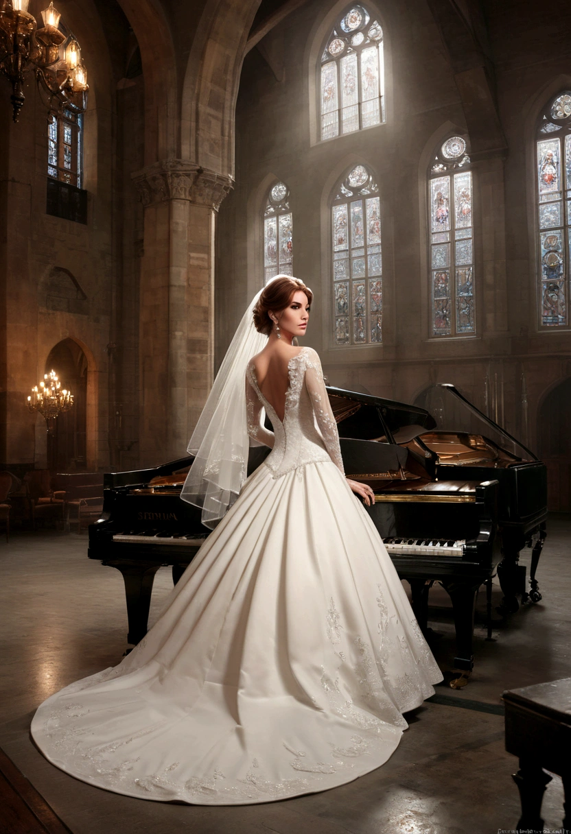 a beautiful bride in a high-class wedding, severina snape wearing a wedding dress, photorealistic, intricate details, elegant long white dress, bouquet of flowers, cathedral veil, gorgeous makeup, manicured nails, sparkling jewelry, lavish wedding venue, ornate architecture, stained glass windows, candelabras, grand piano, chandeliers, classical music, romantic atmosphere