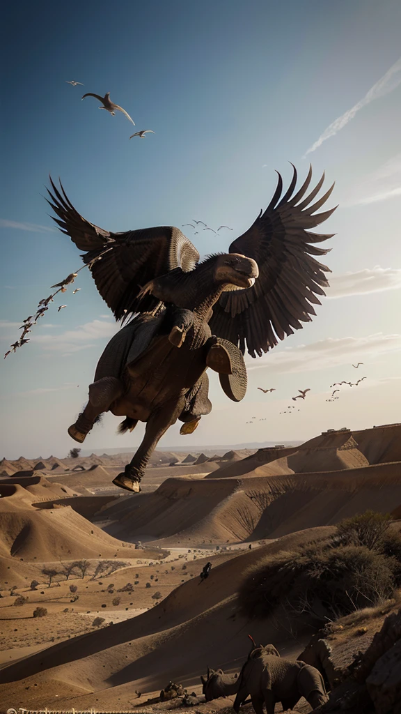 The dramatic atmosphere of a flock of ababil birds carrying small hot stones, which attacks the war troops riding elephants below. The background is a vast sky and a barren desert, creating an epic picture of an intense attack moment. Ultra-real, dramatic, high resolution, 8k resolution, intricate details