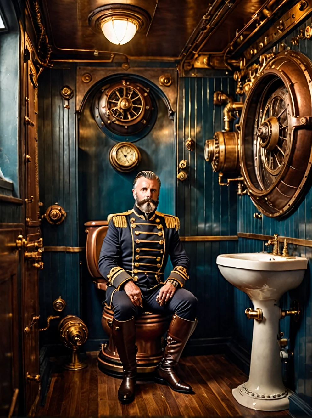 photo focus on male focus, indoors, realistic scenery, (captain nemo:1.1), retro-futuristic, sat on the toilet,   steampunk nautilus-style. very wide shot, character photo portrait, film, professional,