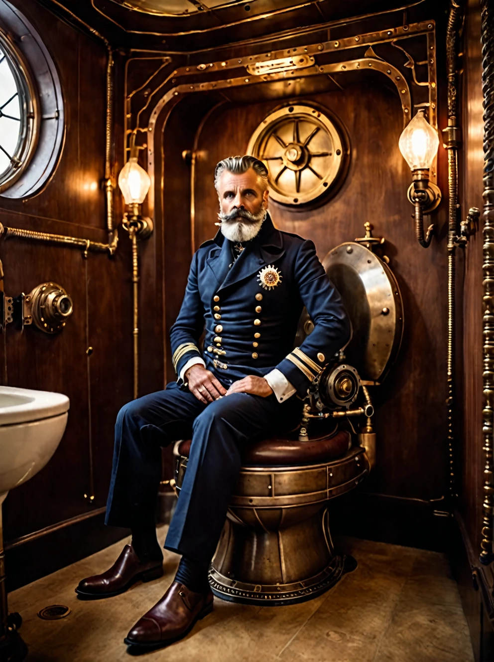 photo focus on male focus, indoors, realistic scenery, (captain nemo:1.1), retro-futuristic, sat on the toilet,   steampunk nautilus-style. very wide shot, character photo portrait, film, professional,