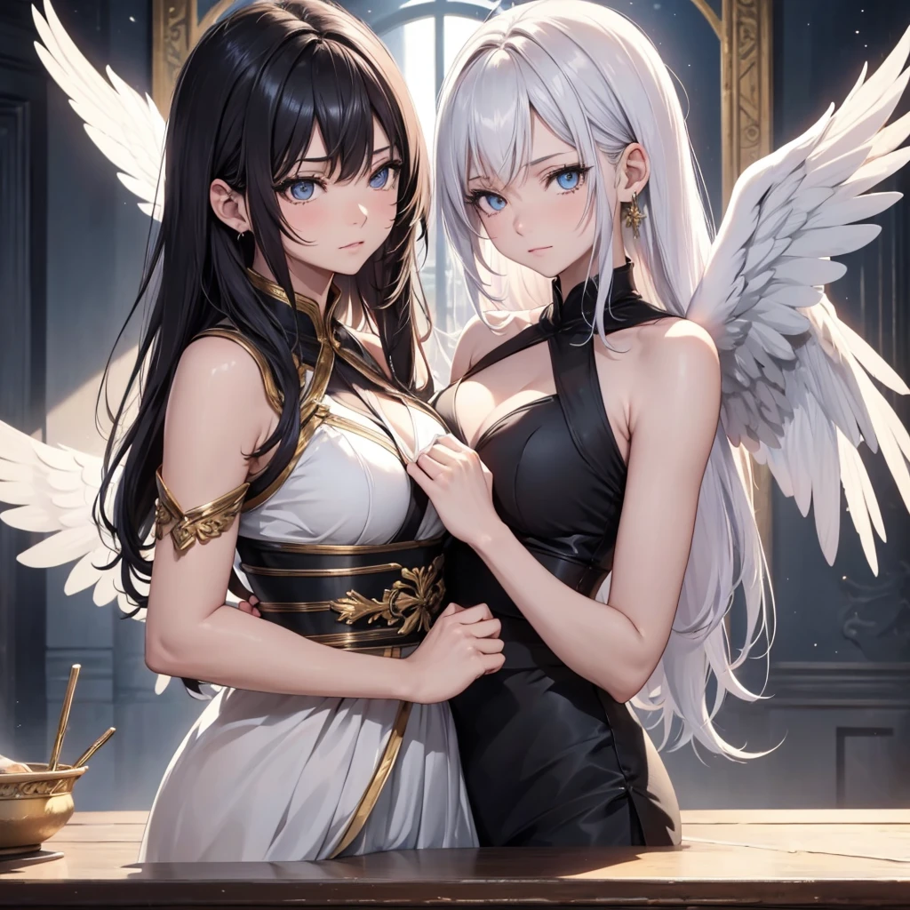 ((On the table, best quality)), Delicate face, Character Design Sheet,whole body, Perfect proportion,Rich in details, Multiple poses and expressions, Very detailed, Martial Arts Girl,1Girl with black wings,Gradient hair color,Golden,Delicate eyes, see through,1 Angel Wings Girl,cloud,High balance, Halo,Natural light,Starlight decoration,Background greek temple