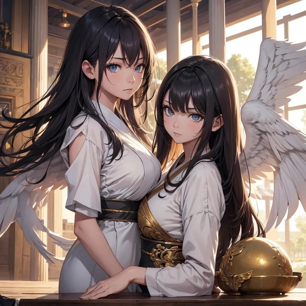 ((On the table, best quality)), Delicate face, Character Design Sheet,whole body, Perfect proportion,Rich in details, Multiple poses and expressions, Very detailed, Martial Arts Girl,1Girl with black wings,Gradient hair color,Golden,Delicate eyes, see through,1 Angel Wings Girl,cloud,High balance, Halo,Natural light,Starlight decoration,Background greek temple