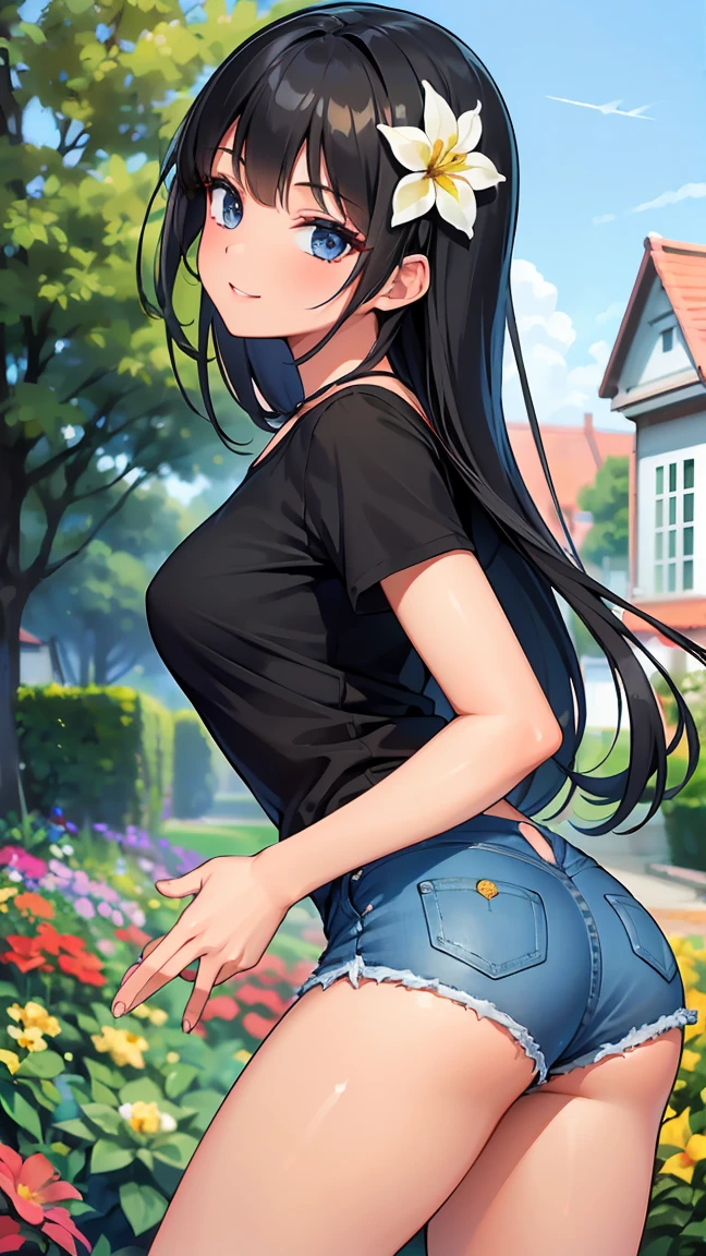 (8K, Live shooting, best quality, muste piece: 1.2), High-definition RAW color photo, Professional photography, cinematic light, ((1 girl)), focus on , (Low - Angle:1.2), super cute face, (black long hair), smile, Gorgeous body, glossy lips, slender body, , small , ((T-shirt, denim shorts, )), with your back turned:1.5, Are standing:1.2, Turn around pose, natural makeup, long eyelashes, shiny hair, asymmetrical bangs, tanned skin, pretty face, beautiful detailed eyes, beautiful body, beautiful , beautiful thighs, beautiful legs, (((clean fingers, 5 fingers on hand, five fingers))), (((flower garden, garden))), central image, high resolution, high detail, detailed hairstyle, detailed face, epic movie lighting, lively, hyper real, perfect limbs, perfect , anatomically correct,