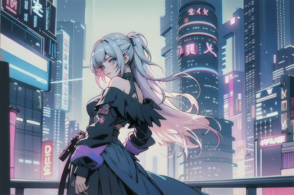 masterpiece,Highest quality,1 Synthwave girl,Blue outline,Neon cityscape,Blue fluorescent paint,solo,From below,Cowboy Shot,Rooftop of a building,Highly detailed CG,Flat Color,Limited palette,Line art,silhouette,Partially colored,Alternate Color,Dynamic Angle,Silver-white hair、Blue long upper champagne,Dark purple shadow,Synth Wave,chromatic aberration,(soloフォーカス)、Perfect Shadow、Wearing an off-the-shoulder floating jacket、Delicate face、、Beautiful and delicate eyes、Delicate background、Blue Neon Light、