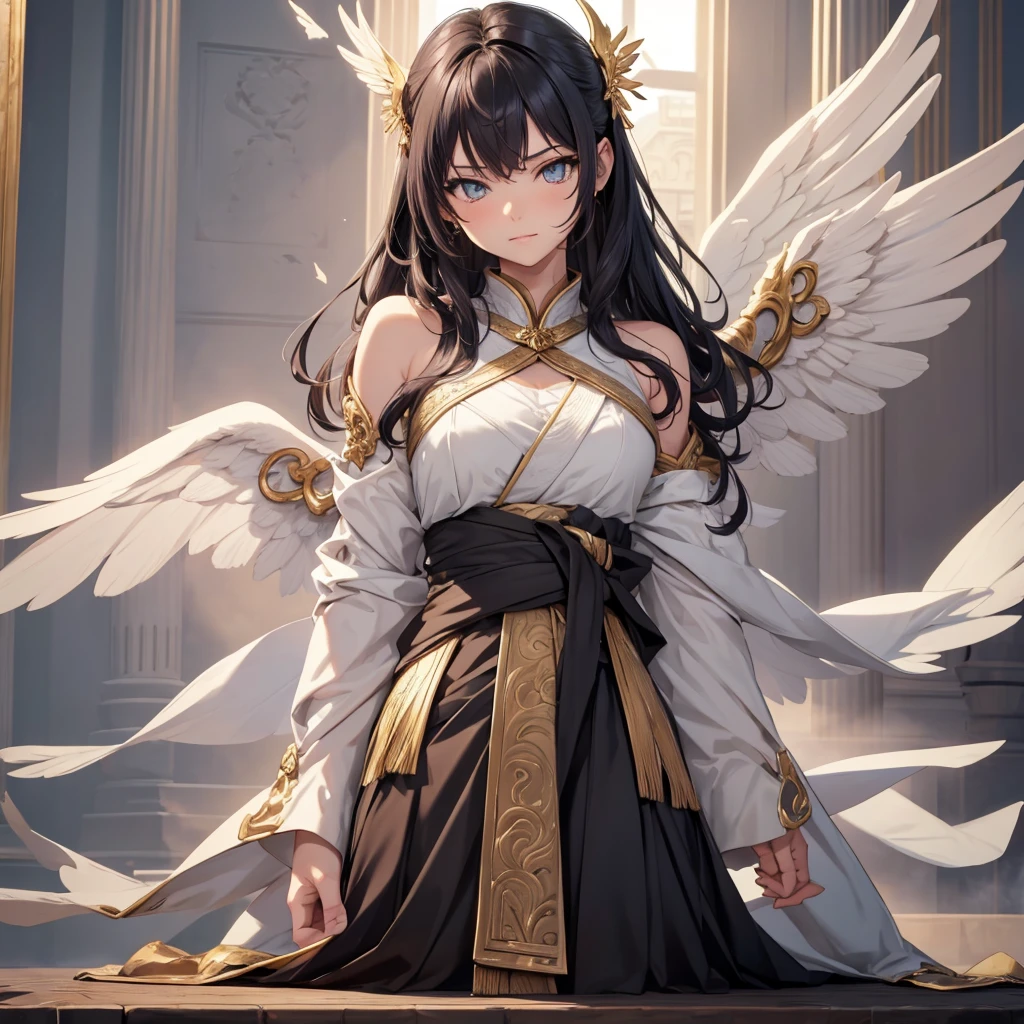 Highest quality, ((Blue sky background)), 光の女god, god々, (Big wings of angels on the back), Hair style: Long straight, Hair is waist-length, ((Don&#39;t tie your hair up)), (Glossy blonde), Eye color is green, round face, (((Bright expression)), Large Breasts: 0.85, Chubby: 0.90, (((White Fantasy Robe)), The clothes are decorated with gold,