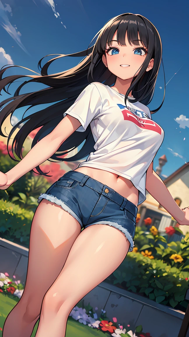 Adorable Girl . Very Kawaii , Round Face . Solo , Slim , Medium Breasts , Short Stature . Glossy Skin . Plain White T-shirt . Booty Shorts . Dynamic Pose . Dynamic Angle . No Background , White Background , looking at viewer