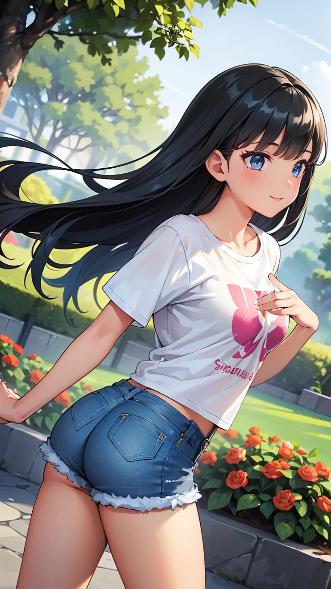(8K, Live shooting, best quality, muste piece: 1.2), High-definition RAW color photo, Professional photography, cinematic light, ((1 girl)), focus on butt, (Low - Angle:1.2), super cute face, (black long hair), smile, Gorgeous body, glossy lips, slender body, big breasts, small butt, ((T-shirt, denim shorts, )), with your back turned:1.5, Are standing:1.2, Turn around pose, natural makeup, long eyelashes, shiny hair, asymmetrical bangs, tanned skin, pretty face, beautiful detailed eyes, beautiful body, beautiful chest, beautiful thighs, beautiful legs, (((clean fingers, 5 fingers on hand, five fingers))), (((flower garden, garden))), central image, high resolution, high detail, detailed hairstyle, detailed face, epic movie lighting, lively, hyper real, perfect limbs, perfect anatomy, anatomically correct,