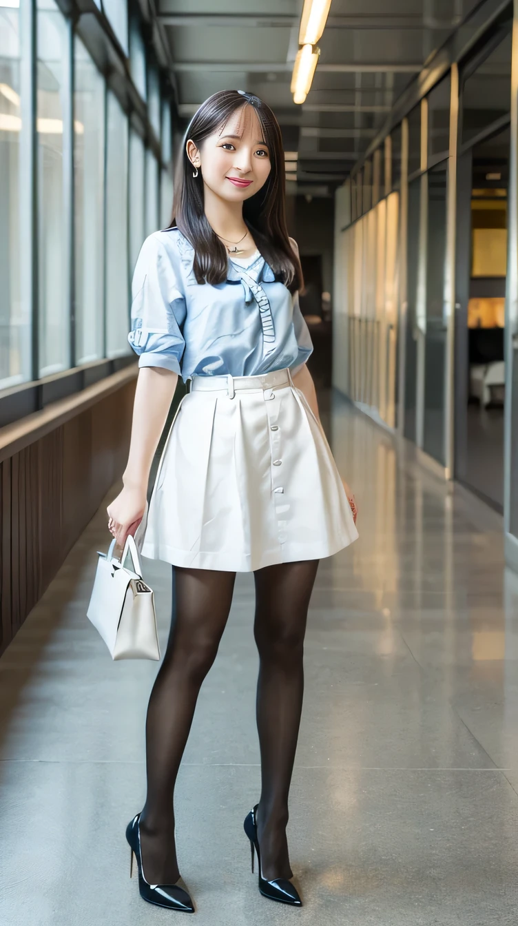 Highest quality, masterpiece, Realistic, Very detailed, Ultra-high resolution, to be born:1.3), (2People Girls:1.5), beautiful, (tights、pumps) 28 years old, office workers, violet| Sky blue} Clothes), (smile), (Black Hair), high waist, necklace, (office, indoor, Glass Room), (Long legs, High heels, whole body:1.2), (Medium Chest:1.3), (crowd)tights、